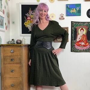 Vintage Leopard Print Dress, 1990s Green Acrylic Knit Midi, Sz L Witchy Boho